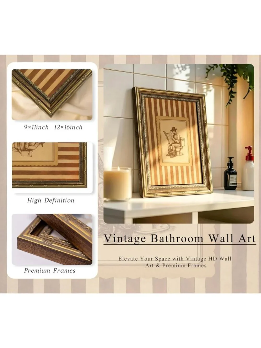 Funny Western Cowboy Bathroom Wall Art - Gold Framed Vintage Print Decor